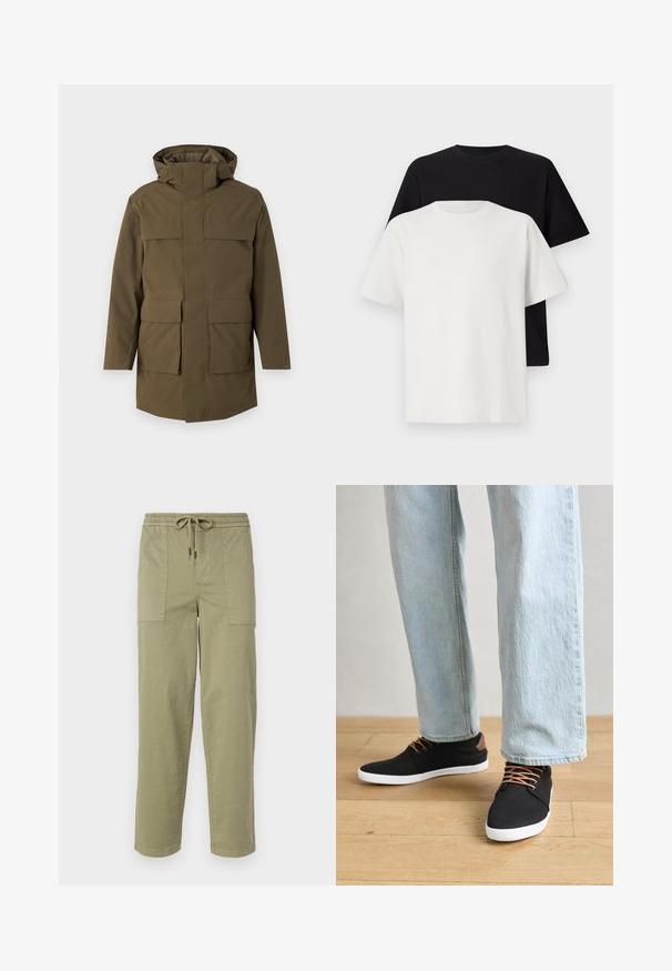 Olivgrüne Parka mit Kapuze, ausgestattet mit zwei großen Vordertaschen und einem Reißverschluss. Hergestellt aus strukturiertem, strapazierfähigem Material. Gerade geschnittenes Design.; Baumwoll-T-Shirt-Set bestehend aus einem schwarzen Oberteil und einem weißen Oberteil, beide mit kurzen Ärmeln, Rundhalsausschnitt und normaler Passform. Texturiert.; Helle olivgrüne Hose aus Baumwollmischgewebe, mit einem elastischen Bund und Kordelzug sowie zwei großen Seitentaschen.; Schwarze Leinen-Sneaker mit braunen Akzenten, weißen Gummisohlen und braunen Schnürsenkeln, kombiniert mit hellblauen Straight-Leg-Jeans. Hintergrund mit Holzboden.