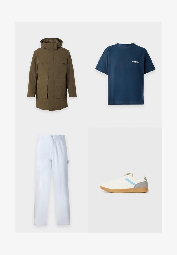 Maslinasto zeleni kaput s kapuljačom, s dva velika prednja džepa i patentnim zatvaračem. Izrađen od teksturiranog, izdržljivog materijala. Ravno krojena.; Tamno plavi pamučni majica s kratkim rukavima i okruglim izrezom. Ima mali bijeli logo na lijevoj strani prsnog područja. Mekana tekstura.; Svijetloplave prugaste hlače od pamuka. Dizajn ravnih nogavica, s prednjim kopčanjem na gumb i bočnim džepovima. Mekana tekstura.; Tenisice s kremastom gornjom stranom, plavom bočnom prugom i sivim detaljem na peti. Imaju strukturirani dizajn i potplat od gume.