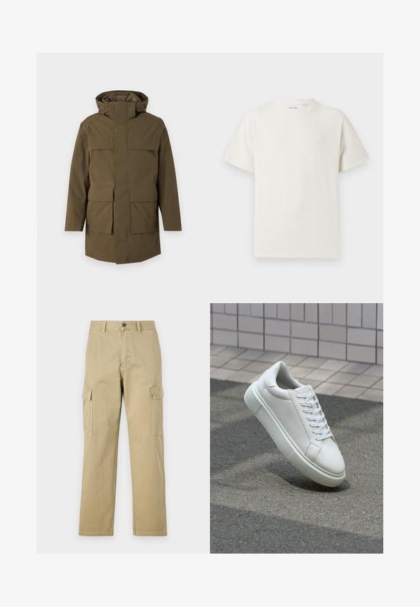 Olivengrønn parka med hette, med to store frontlommer og glidelås. Laget av teksturert, slitesterkt stoff. Rett snittdesign.; Hvit T-skjorte med kort erm i ribbestrikket tekstur. Rund hals, avslappet passform, ingen synlige mønstre eller detaljer. Enkelt og allsidig design.; Beige cargo bukser laget av bomull, med to sidelommer, knappelukking, og rette ben med et lett strukturert stoff.; Hvit lær sneaker med glatt overflate, rund tå og flate hvite snøringer. Har en teksturert gummisåle og minimale design elementer.