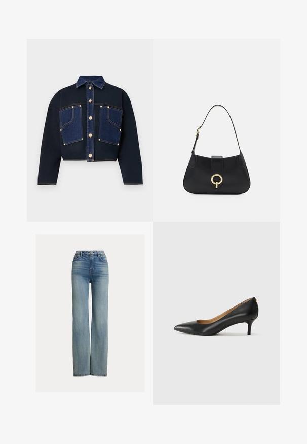 Κοντό σακάκι με σκούρο μπλε ύφασμα και τσέπες από τζιν. Χρυσά κουμπιά διακοσμούν το κέντρο και τις τσέπες. Κλασικό γιακά και άνετη γραμμή.; Μαύρο φούτερ με μακριά μανίκια, στρογγυλή λαιμόκοψη και ελαφρώς κοντό στρίφωμα. Φτιαγμένο από μαλακό ύφασμα, με μια διακριτική λεπτομέρεια λογότυπου μπροστά.; Ψηλόμεσα, ίσια μπλε τζιν με μπροστινές τσέπες, θηλιά ζώνης και κλείσιμο με κουμπί, με διακριτική φθορά.; Μαύρο δερμάτινο τακούνι με μυτερή μύτη, χαμηλό τακούνι και λεία υφή. Διαθέτει ελαφρύ άνοιγμα στο μπροστινό μέρος και ελάχιστο υλικό στο πίσω μέρος.; Μαύρη δερμάτινη τσάντα χειρός με καμπυλωτό σχήμα, κοντό λουρί, κεντρική χρυσή μεταλλική λεπτομέρεια και απαλό υλικό. Χωρίς εμφανή σχέδια ή λεπτομέρειες.