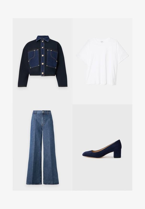 Ieskrienamā jaka ar tumši zilu audumu un džinsu priekšpusē. Zelta pogas akcentē centru un kabatas. Klasisks apkakle un brīvs griezums.; Balta kokvilnas T-krekls ar īsām piedurknēm, apaļu dekoltē, brīva piegriezuma un šūtu apakšmalu. Etiķete redzama iekšējā kakla daļā.; Platām kājām zili denim džinsi ar augstu jostasvietu, ar klasisko piecu kabatu dizainu un pogu aizdari, izgatavoti no teksturēta kokvilnas auduma.; Tumši zili zamšādas kurpes ar norādītu degunu un vidēja augstuma blokveida papēdi. Gluda tekstūra ar smalku spīdumu un nelielu izgriezumu priekšā.