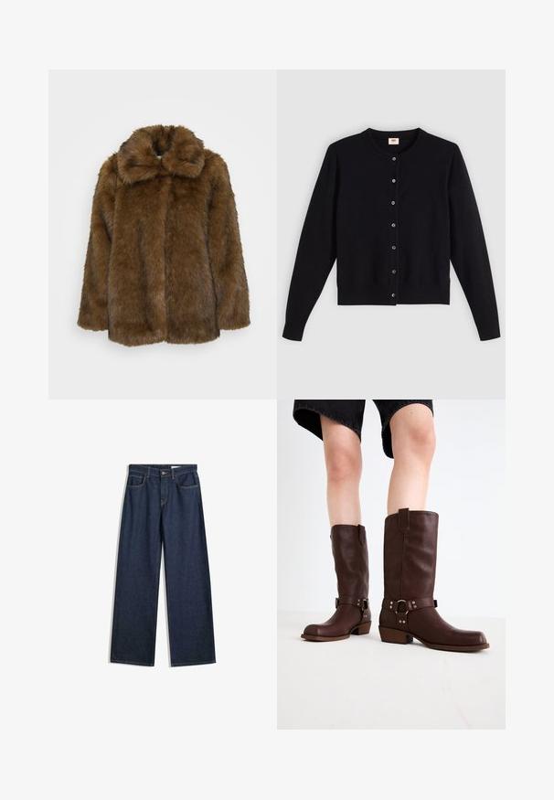 Hnědý kabát z umělé kožešiny s vysokým límcem, texturovaným povrchem a volným střihem. Má plný přední díl a žádné viditelné zapínání.; Černý cardigan s kulatým výstřihem, dlouhými rukávy a předním zapínáním na knoflíky. Vyrobený z měkké látky s jemně žebrovanými manžetami a lemem.; Široké tmavé denimmové džíny s pěti kapsami, viditelným šitím a knoflíkovým zapínáním. Mají přímý střih a mírné opotřebení.; Hnědé kožené vysoké boty ke kolenům s kulatou špičkou, texturovaným povrchem, řemínkem kolem kotníku a detailem ze stříbrného kovu; na podpatku.