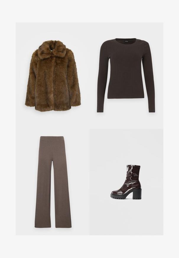 Barna műszőrme kabát magas gallérral, texturált felülettel és laza fazonnal. Teljes elülső része van, és nincsenek látható záródások.; Barna, hosszú ujjú bordázott felső, kerek nyakkivágással. Simább, rugalmas anyagból készült, illeszkedő fazonú és minimális részletezéssel.; Bordázott, széles szárú nadrág sötétbarna színben, rugalmas derékpánttal és puha, texturált anyaggal.; Fényes bordó bokacsizma vastag fekete sarokkal, sima felülettel és egyszerű dizájnnal. Nincsenek látható zárak vagy minták.