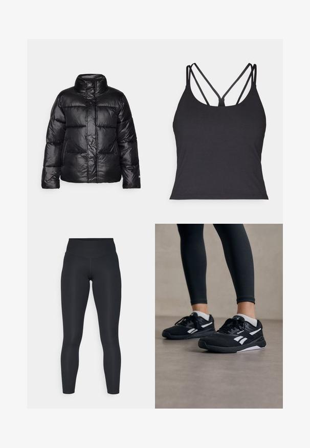 Černá péřová bunda s vysokým límcem, prošívaným designem, lesklým povrchem a mírně zkráceným střihem. Obsahuje dlouhé rukávy a přední zip.; Černé tílko s tenkými ramínky a křížovým designem na zádech. Vyrobeno z měkkého, elastického materiálu s přiléhavým střihem.; Černé legíny vyrobené z elastického materiálu, s vysokým pasem, hladkou texturou a těsně přiléhavým střihem. Bez viditelných vzorů nebo kovových prvků.; Černé sportovní boty s texturovaným síťovaným svrškem, bílými akcenty a polstrovanou podrážkou. Nositelná s černými legínami, které zdůrazňují štíhlý design.
