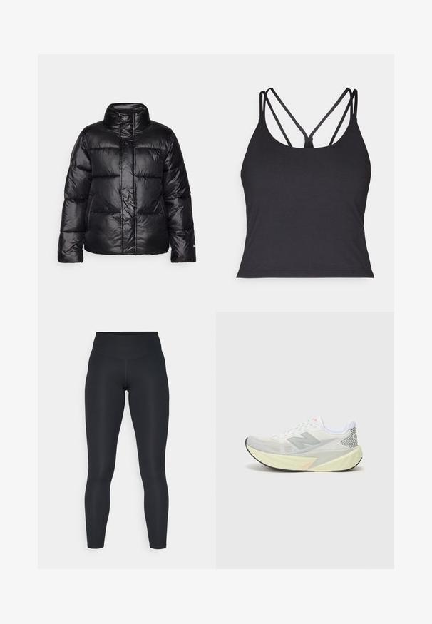 Chaqueta de plumas negra con un cuello alto, diseño acolchado, acabado brillante y una silueta ligeramente cropped. Cuenta con mangas largas y una cremallera frontal.; Top negro sin mangas con tirantes finos y un diseño entrecruzado en la parte posterior. Confeccionado en un material suave y elástico con una silueta ajustada.; Leggings negras de tela elástica, con una cinturilla alta, textura suave y un ajuste ceñido al cuerpo. Sin patrones visibles ni herrajes.; Zapatilla de running ligera con una parte superior de malla gris y blanca, un prominente logo 'N' y una suela intermedia amarilla con acentos angulados. Suela exterior negra.