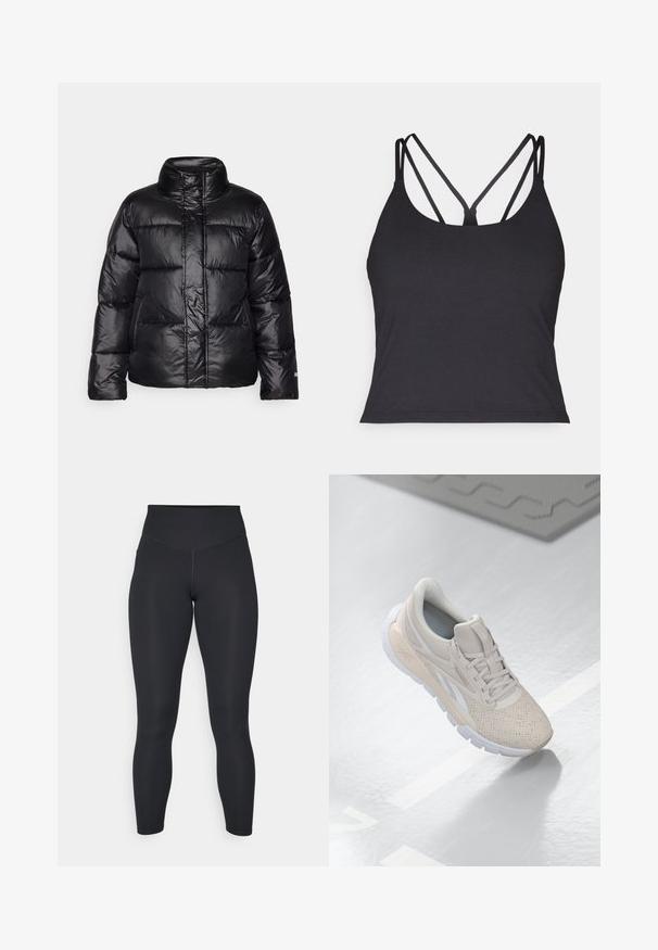 Fekete puffermellény magas gallérral, steppelt kialakítással, fényes felülettel és enyhén rövidített szilhuettel. Hosszú ujjak és elülső cipzár jellemzi.; Fekete ujjatlan felső vékony pántokkal, hátul keresztbe fonott dizájnnal. Puha, rugalmas anyagból készült, formás szabású.; Fekete leggings magas derékkal, sima textúrával és testhezálló fazonnal. Lapos varrásokkal és teljes hosszúságú takarással rendelkezik, minták nélkül.; Világos bézs színű sportcipő perforált felsőrésszel, texturált díszítéssel, párnázott nyakkal és fehér gumitalppal, amely a kényelem és a légáteresztő képesség érdekében készült.