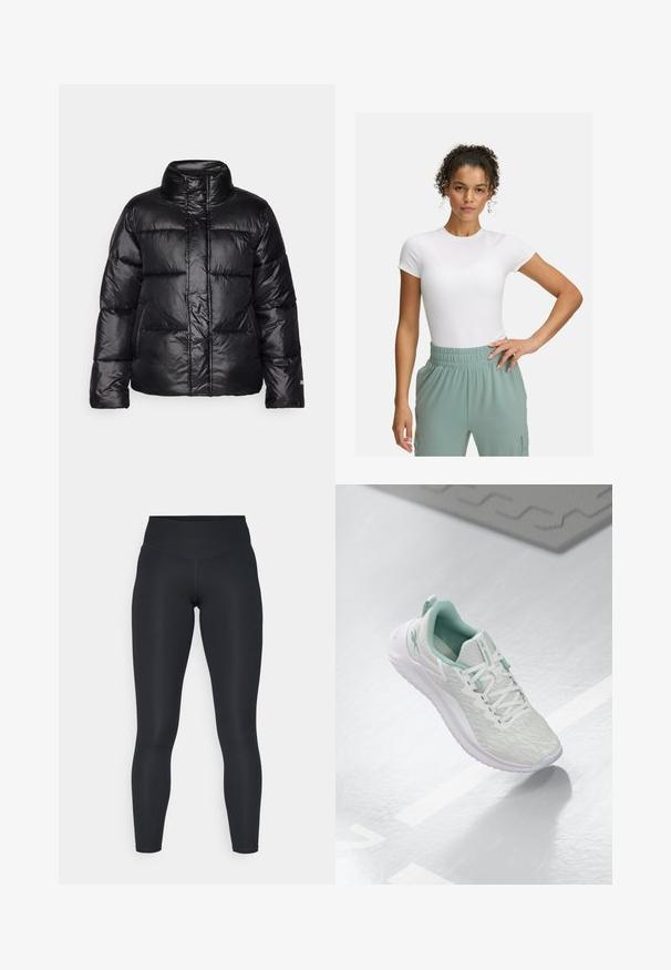 Čierna puffer bunda s vysokým golierom, prešívaným dizajnom, lesklým povrchom a mierne skráteným strihom. Má dlhé rukávy a predný zips.; Biely priliehavý tričko s krátkymi rukávmi, kombinované s nohavicami so svetlozeleným elastickým pásom. Hladká textúra, minimalistický dizajn a žiadne viditeľné vzory.; Čierne legíny vyrobené z elastickej tkaniny, s vysokým pásom, hladkou textúrou a prispôsobivým strihom. Žiadne viditeľné vzory ani kovové prvky.; Svetlošedé športové topánky s štruktúrovaným pleteným zvrškom, mätozelenými akcentmi, bielymi šnúrkami, gumovou podrážkou a pútkom na päte.