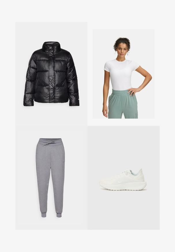 Must must jacket kõrge kraega, tikandiga disain, läikiv viimistlus ja veidi lühendatud siluett. Omab pikki varrukaid ja esist tõmblukk.; Valge lühikeste varrukatega T-särk, millel on sobiv lõige, kombineeritud helesiniste elastsete vöökohtpükstega. Sile tekstuur, minimalistlik disain ja nähtavaid mustreid pole.; Hallid pingutamata dressipüksid, hallid, nööriga taljes, elastsete mansettidega ja vaevumärgatava Nike logoga vasakul reiel. Pehme, tekstuuriga kangas.; Valged sportlikud jalatsid tekstureeritud pealisega, pehmendatud krae ja seotud sulgemine. Omab kumerat välispinda ja diskreetset brändimist küljel.