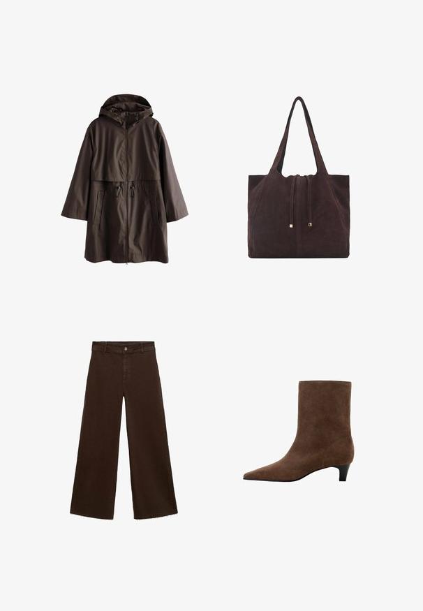 Hnědý voděodolný kabát s kapucí, zapínáním na zip, nastavovacími šňůrkami a dvěma předními kapsami. Hladká textura a uvolněný střih.; Tílko s krátkým rukávem a kulatým výstřihem z měkkého, texturovaného materiálu. Barva je tmavě hnědá s jemnými variacemi. Jednoduchý, rovný střih.; Hnědé kalhoty širokého střihu z bavlněné směsi, s třepicí na lemu, předním zapínáním na knoflík a klasickým designem pěti kapes. Minimalistické a univerzální.; Hnědé semišové kotníkové boty s špičatou špičkou a nízkým podpatkem, zobrazené z boku na bílém pozadí.; Mango Velká kabelka - dark brown