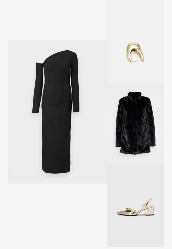 Crni kaput od umjetnog krzna s visokim ovratnikom, mekom teksturom, dugim rukavima i otvorenim prednjim dizajnom. Nema vidljivih kopčanja.; Crna, tijelu prianjajuća haljina dugih rukava s asimetričnim izrezom i nabranim detaljem sa strane, izrađena od rebraste tkanine.; Zlatni metalik slingback sandali s šiljatim vrhom i debelim potpeticama. Glatka tekstura, minimalistički dizajn i uski remen.; Zlatne metalne naušnice s elegantnim, zakrivljenim dizajnom. Imaju karakterističan šiljast oblik, poliranu površinu i zatvaranje na šarku.