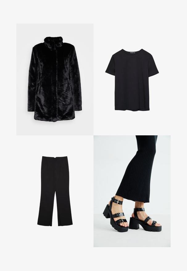 Crni kaput od umjetnog krzna s visokim ovratnikom, mekom teksturom, dugim rukavima i otvorenim prednjim dizajnom. Nema vidljivih kopčanja.; Pura crna pamučna majica kratkih rukava s okruglim izrezom, prikazana na bijeloj pozadini.; Crne hlače ravnog kroja, s prednjim džepovima i bočnim prorezima na rubu. Izrađene od mekog i glatkog materijala. Pogodne za razne prigode.; Crne platforme sandale s debelim, nazubljenim potplatima i višestrukim trakama, s metalnim kopčama i glatkom teksturom koja podsjeća na kožu.