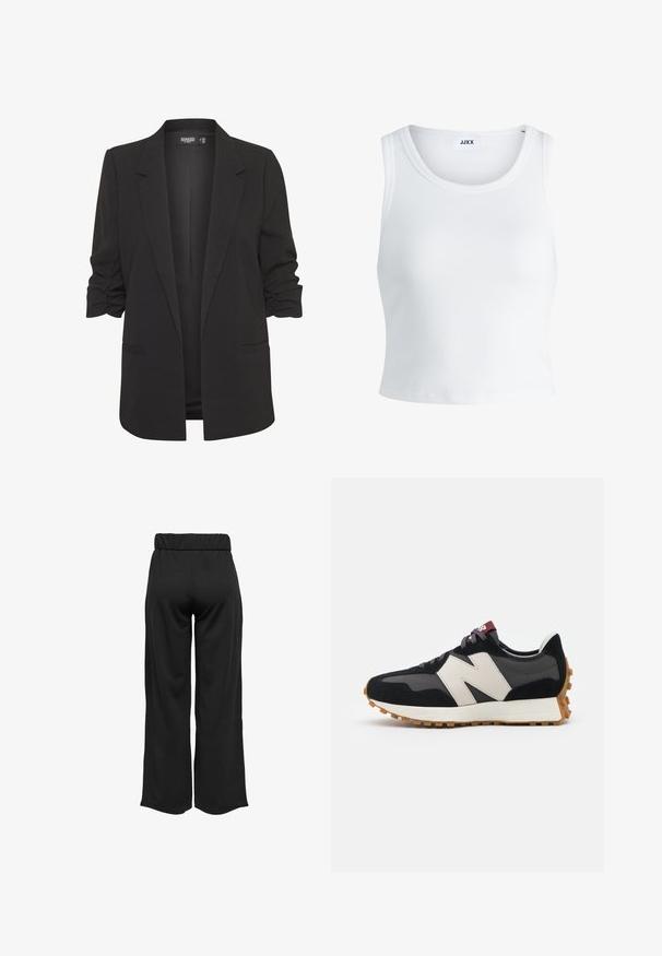 Fekete blézer felgombolt ujjakkal, sima anyagból készült. Illeszkedő fazon, egygombos előlappal és két oldalsó zsebbel rendelkezik.; Fehér bordás ujjatlan top, kerek nyakkivágással és rövid hosszal. A címke szerint "JJXX". Sima szövettextúra.; Fekete, bővülő szárú nadrág, elasztikus derékkal, sima anyagból készült. Tiszta dizájn jellemzi, zsebek és látható varrási részletek nélkül.; Fekete és szürke velúr sportcipő nagy krémszínű "N" logóval, lila fűzőkkel és texturált gumi talppal.