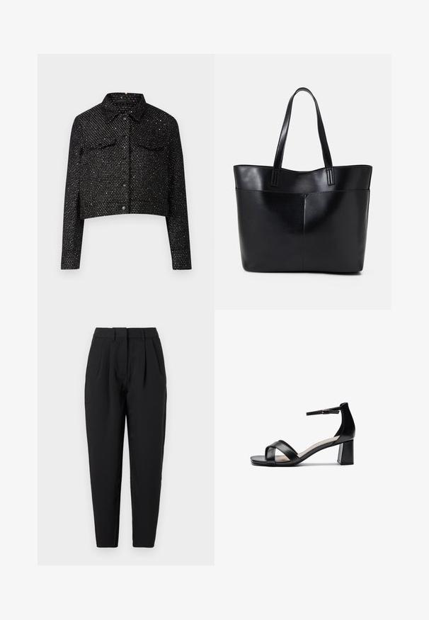 Sort cropped jakke med en struktureret vævning, prydet med metalliske detaljer, krave, to brystlommer og frontknaplukning.; To lange skjorter med lange ærmer, en sort og en hvid, begge med firkantet halsudskæring og lavet af blødt, strækbart stof.; Sorte bukser med lige pasform, der har præferencer foran, en glat tekstur og sidelommer. Taljen har standardhøjde.; Sort åben tå hæl sandal med krydsede remme, justerbar ankelrem og en chunky hæl, der har en glat læderoverflade.; Sort læder tote taske med to lange håndtag, en glat tekstur og en struktureret form. Har en forlommem for ekstra opbevaring.