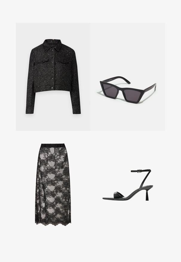 Jachetă neagră scurtă cu un țesătură texturată, având accente metalice, guler, două buzunare la piept și închidere cu nasturi în față.; Top negru din tricot cu guler înalt, mâneci scurte, design mulat, textură moale, cusături minime.; Fustă din dantelă neagră cu un tiv unduit, având un model floral și o textură transparentă. Talie elastică pentru o purtare confortabilă.; Bershka Sandale cu toc - black; Ochelari de soare negri, unghiulari, cu lentile gri; fabricați din plastic, având brațe groase cu o suprafață netedă și fără hardware vizibil.