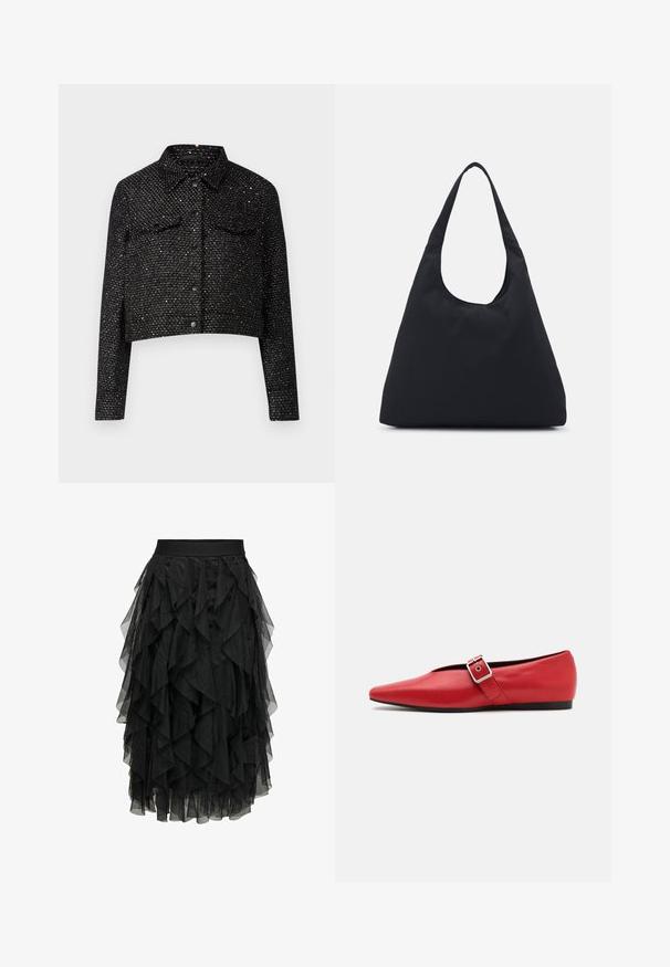 Zwarte cropped jack met een gestructureerde weving, met metalen accenten, een kraag, twee borstzakken en een sluiting met knopen aan de voorkant.; Witte mouwloze tanktop van ribstof, met een ronde halslijn en een aansluitende pasvorm, met minimale naden en zonder versieringen.; Zwarte midi-jurk gemaakt van gelaagd tule met een ruchesontwerp. Heeft een elastische tailleband. Transparante stof voegt textuur en beweging toe.; Rode leren platte schoen met een spitse neus, voorzien van een zijkant band met een metalen gesp en een lage zwarte hak. Gladde textuur overal.; Zwarte stoffen tas met een enkele, brede schouderriem. Zachte, semi-gestructureerde vorm en gladde textuur; minimalistisch ontwerp, zonder zichtbare hardware.