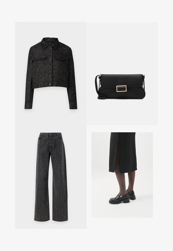 Zwarte cropped jack met een gestructureerde weving, met metalen accenten, een kraag, twee borstzakken en een sluiting met knopen aan de voorkant.; Witte mouwloze tanktop van ribstof, met een ronde halslijn en een aansluitende pasvorm, met minimale naden en zonder versieringen.; Noisy May NMJANNEL LOOSE - Relaxed fit jeans - black denim; Zwarte leren schoenen met een ronde neus, dikke blokhak en elastische zijkanten, gecombineerd met donkere panty's en een zwarte rok met een split.; Zwarte leren clutch met een klep en een gouden metalen sluiting. Inclusief een zwarte schouderband en een slank, minimalistisch ontwerp.