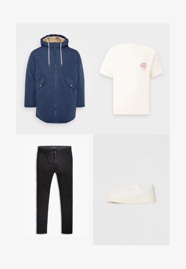 Chaqueta aislante azul marino con capucha, cierre frontal, cordones blancos y dos bolsillos angulados con broches metálicos. Textura exterior suave.; Camiseta blanca de manga corta con el texto rojo "Edición de Studio Originals" en el lado izquierdo del pecho, exhibida sobre un fondo gris neutro.; Chinos de algodón negro con un ajuste entallado, que cuentan con cinco bolsillos, pasadores para cinturón y una textura suave. Cierre de cremallera con botón.; Zapatillas blancas tipo slip-on con una superficie texturizada, suela gruesa y diseño minimalista. Presenta el logo de la marca en un lado.