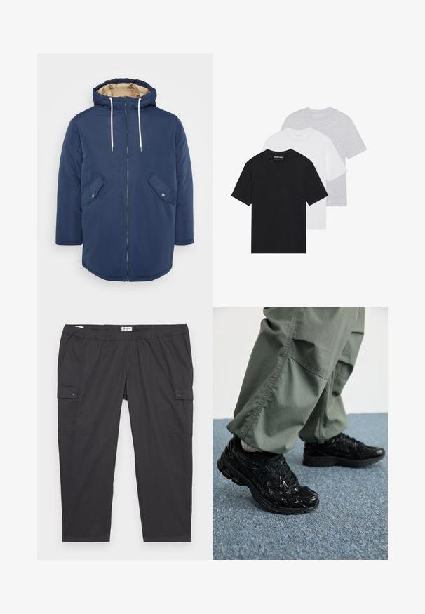 Námořnická modrá zateplená bunda s kapucí, předním zipem, bílými šňůrkami a dvěma šikmými kapsami s kovovými druky. Hladký vnější povrch.; Sada tří základních triček v černé, bílé a světle šedé barvě. Krátké rukávy, kulatý výstřih, vyrobena z hladké bavlněné tkaniny. Viditelné logo značky.; Černé cargo kalhoty s elastickým pasem, bočními kapsami a akcenty na patentky. Vyrobeny z lehké, hladké tkaniny.; Černé sportovní tenisky s lesklou a síťovou texturou, s silnou podrážkou a tkaničkami, spárované s volnými olivově zelenými cargo kalhotami.