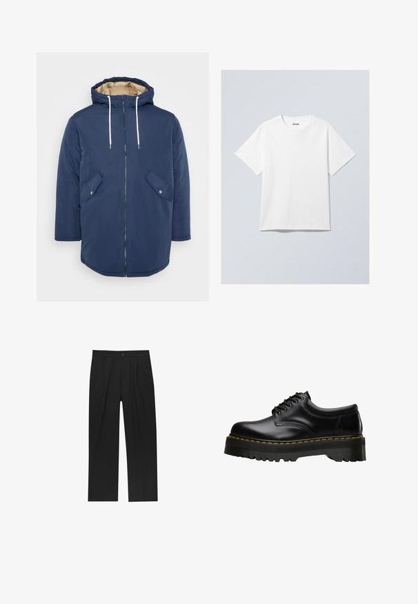 Sötétkék bélelt dzseki kapucnival, elülső cipzárral, fehér húzózsinórokkal és két ferde zsebbel, melyek fém patenttal záródnak. Sima külső felület.; Fehér pamut póló, kerek nyakkal, rövid ujjal és laza fazonnal. A nyakrészen található egy "WEEKDAY" feliratú márkajelzés.; Fekete nadrág egyenes szárú kialakítással, sima anyagból készült. Elöl redők és egy gombos záródás található a derékon.; Fekete bőr fűzős cipő, vastag, fogazott fekete gumitalppal és sárga varrással a széleken, sima felülettel.