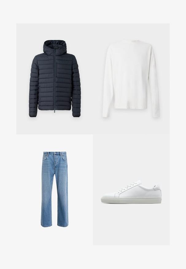 Dark navy padded jacket, with a hood, featuring a front zipper and subtle horizontal stitching. Textured fabric and a chest pocket.; Long-sleeved white cotton shirt with a round neckline, side slits at the bottom, and a smooth texture, displayed from the back.; Light blue denim jeans with a straight-leg design, five pockets, button closure, minimal fading, and contrasting stitching details.; White sneaker with a smooth leather upper and a low profile. Features a rounded toe, six eyelets, and a textured rubber sole.
