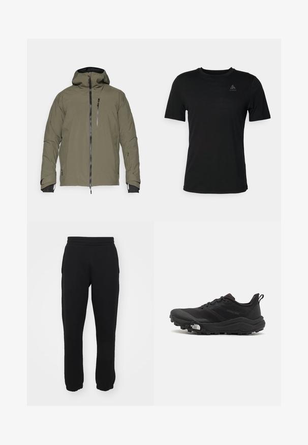 Giacca impermeabile verde oliva con cappuccio, chiusura frontale a zip, tasca sul petto e polsini regolabili. Texture liscia con cuciture minime.; T-shirt nera realizzata in tessuto leggero, con scollatura rotonda, maniche corte e un piccolo logo del brand sulla parte superiore sinistra.; Pantaloni della tuta neri realizzati in misto cotone, con vita elastica, gambe affusolate e polsini a coste alle caviglie. Design semplice, senza motivi.; Scarpa da trail running nera con tomaia texture, suola in gomma e punta rinforzata. Presenta un collare imbottito e un tassello per un indossamento facile.