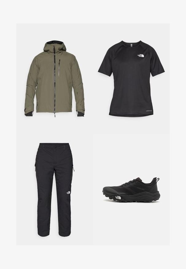 Chaqueta impermeable verde oliva con capucha, cierre frontal de cremallera, bolsillo en el pecho y puños ajustables. Textura lisa con costuras mínimas.; Camiseta atlética corta negra de manga corta con una tela texturizada, que presenta un logo blanco en el lado izquierdo del pecho y un dobladillo recto.; The North Face WINTER EXPLORATION TAPERED CARGO - Pantalones montañeros largos - black; Zapatilla de trail running negra con upper texturizado, suela de goma y puntera reforzada. Presenta un collar acolchado y una lengüeta para poner y quitar fácilmente.