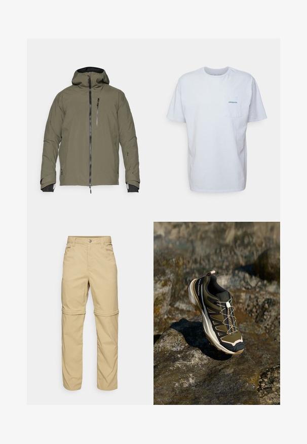 Olivno zelena vodoodporna jakna s kapuco, sprednjim zadrgo, prsno žepom in nastavljivimi manšetami. Gladka tekstura z minimalnimi šivi.; Bela bomba majica iz bombaža s kratkimi rokavi, okroglo ovratnikom in žepom na levi strani prsi, ki ima modri logo "Patagonia". Klasičen kroj z gladko teksturo.; Bež hlače z možnostjo odpnevanja z gladko teksturo, ki imajo dve stranski žep in zaponko na gumb, ter lahko zavihane manšete za večjo vsestranskost.; Pohodni čevlji v olivno zeleni in črni barvi s poudarki v roza. Imajo teksturirano zgornji del, fleksibilno podplat, ojačan zaščitni del za prste in barvit sistem vezalk.
