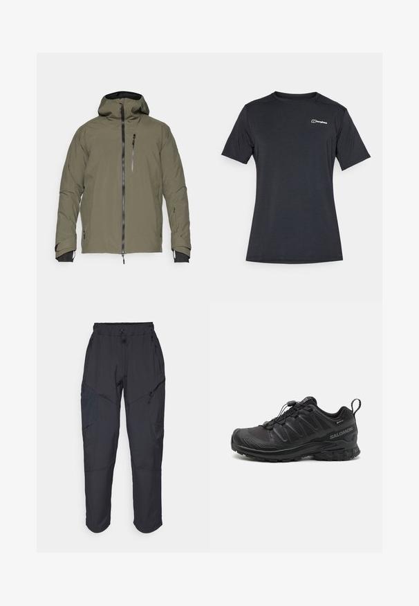 Olivi vihreä vedenpitävä takki hupulla, edessä vetoketjukiinnitys, rintatasku ja säädettävät hihansuut. Sileä pinta, jossa on minimaalinen sauma.; Berghaus DELTA TEE - Tekninen t-paita - black; Mustat cargo-housut, jotka on valmistettu kevyestä, vettä hylkivästä materiaalista; niissä on joustava vyötärö, useita vetoketjullisia taskuja ja kapenevat lahkeet.; Musta urheilukenkä, jossa on teksturoitu synteettinen päällinen, pehmustettu pohja ja nopea nauhoitusjärjestelmä. Varustettu vahvistetulla varpaalla ja kantapäällä.