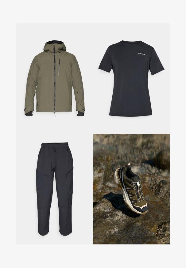 Olivgrüne wasserdichte Jacke mit Kapuze, durchgehendem Reißverschluss, Brusttasche und verstellbaren Bündchen. Glatte Textur mit minimalen Nähten.; Berghaus DELTA TEE - Sport T-Shirt - black; Schwarze Cargo-Hosen aus leichtem, wasserabweisendem Material; verfügen über einen elastischen Bund, mehrere Reißverschlusstaschen und schmal zulaufende Beine.; Wanderschuh in Olivgrün und Schwarz mit pinken Akzenten. Verfügt über ein strukturiertes Obermaterial, eine flexible Sohle, eine verstärkte Zehenkappe und ein farbenfrohes Schnürsystem.