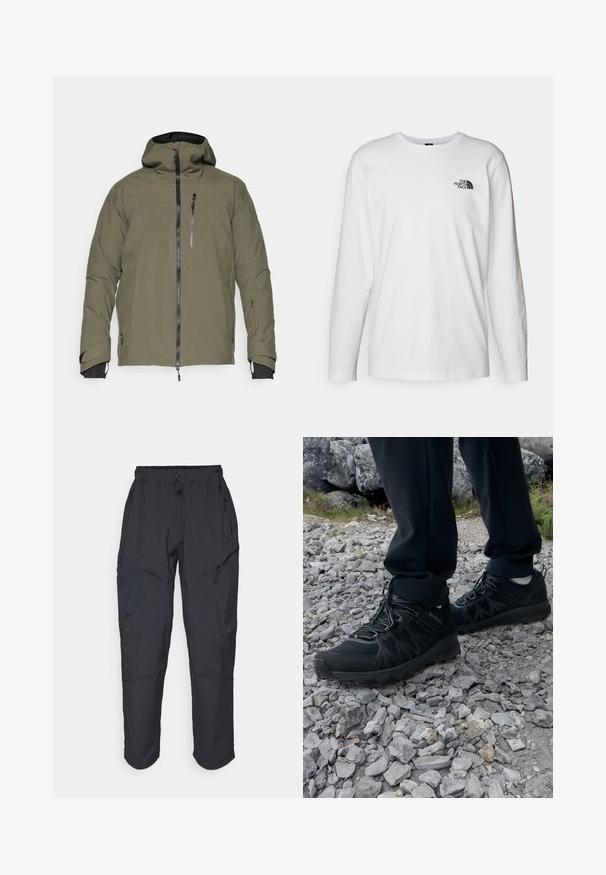 Olive green waterproof jacket with a hood, front zipper closure, chest pocket, and adjustable cuffs. Smooth texture with minimal seams.; White long-sleeve T-shirt made of cotton with a crew neck. Features a small black logo on the chest. Smooth texture, regular fit.; Black cargo pants made from a lightweight, water-resistant material; features elastic waistband, multiple zippered pockets, and tapered legs.; Black outdoor shoes with mesh and synthetic material, featuring a textured upper, secured lacing system, and a rugged outsole, on rocky terrain.