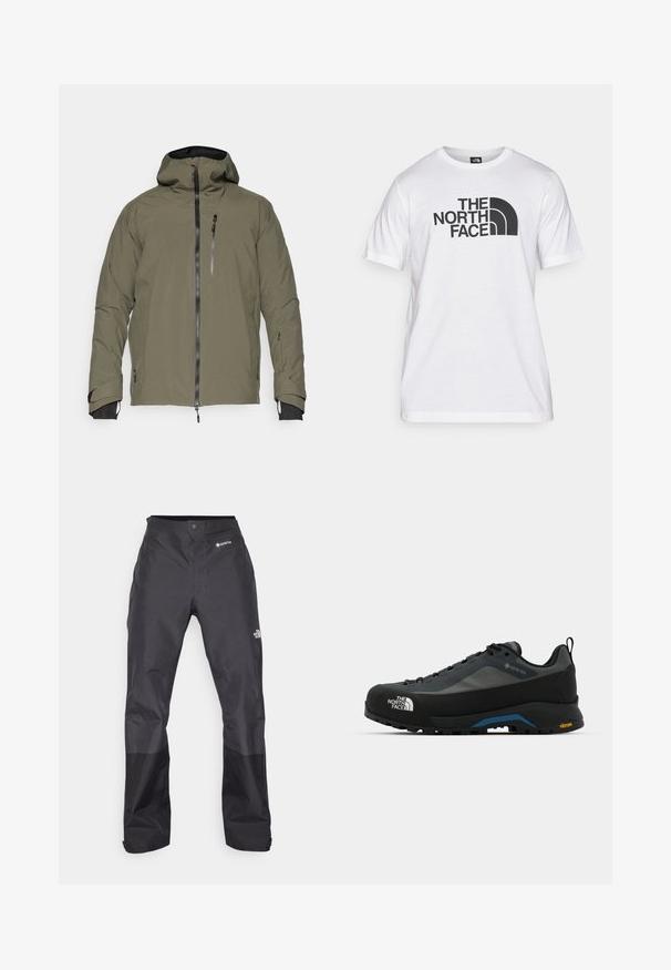 Olivi vihreä vedenpitävä takki hupulla, edessä vetoketjukiinnitys, rintatasku ja säädettävät hihansuut. Sileä pinta, jossa on minimaalinen sauma.; Valkoinen puuvillapaita, jossa on musta graafinen painatus tekstillä ja kaarevalla logomuotoilulla. Pyöreä kaula-aukko ja lyhyet hihat. Yksinkertainen pinta.; Musta vedenpitävä housut, joissa on sileä pinta, etuosassa GORE-TEX-logo ja vahvistetut alaosuudet kestävyys. ; The North Face VERTO ALPINE GORE TEX - Vaelluskengät - asphalt grey/tnf black