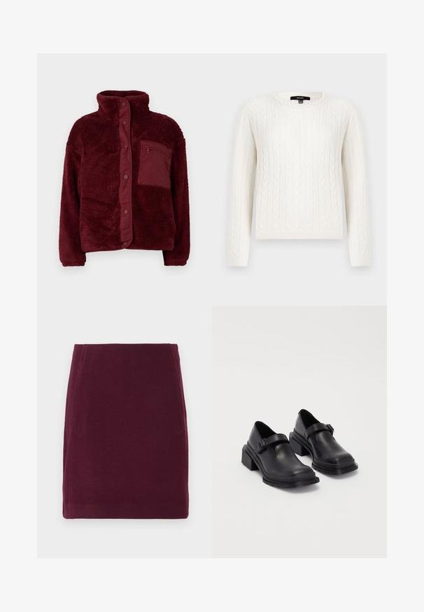 Bordeaux fleecejakke med høj krave, trykknaplukning og struktureret stof. Har en lynlåslomme på venstre side af brystet.; Hvid kabelstrikket sweater med lange ærmer, rund halsudskæring og en dekorativ perleaccent ved kraven. Blød tekstur og tætsiddende design.; Vero Moda VMFORTUNALLISON SHORT - A-snit nederdel - winetasting; Sorte lædersko med rund tå, flad sål og en rem med spænde detaljer. Chunky blokhæl for øget stabilitet.