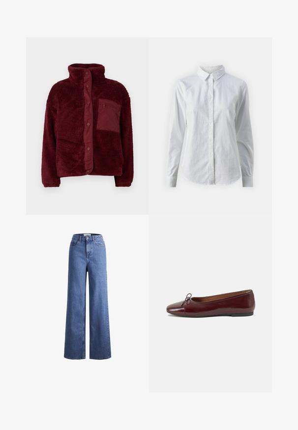 Burgundijas fleeces jaka ar augstu apkakli, spiedpogām un teksturētu audumu. Iekļauj kreisajā pusē esošu kabatu ar rāvējslēdzēju.; Balta pogājamā krekla augšdaļa, izgatavota no gluda kokvilnas, ar klasisku apkakli, garām piedurknēm un izliekto apakšmalu. Pogas ir mazas un baltas.; Gai zili džinsi ar platu kāju un augstu jostu, divas priekšējās kabatas un redzamu šuvju. Iekļauj pogas un rāvējslēdzēja aizdari.; Burgundijas laku ādas baleta kurpes ar noapaļotu purngalu, nelielu loku akcentu priekšā un zemu melnu gumijas zoli. Gluda tekstūra.