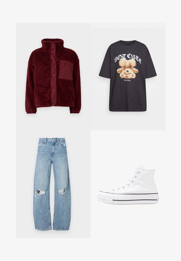 Burgundowa polarowa kurtka z wysokim kołnierzem, zapinana na napy, o fakturowanej tkaninie. Posiada zamykaną na zamek kieszeń na piersi po lewej stronie.; Czarny, oversize t-shirt z grafiką niedźwiedzia i napisem „NIE UROCZY, ALE DZIKI” w grubej, białej czcionce. Materiał bawełniany.; Jasnoniebieskie, wysokiej talii dżinsy wykonane z denimu. Posiadają szerokie nogawki, dwa podarte miejsca na kolanach oraz klasyczne pięć kieszeni.; Białe wysokie trampki z płótna z czarną gumową podeszwą, przednim czubkiem z gumy i sześcioma dziurkami na sznurowadła, charakteryzujące się prostym, minimalistycznym designem.