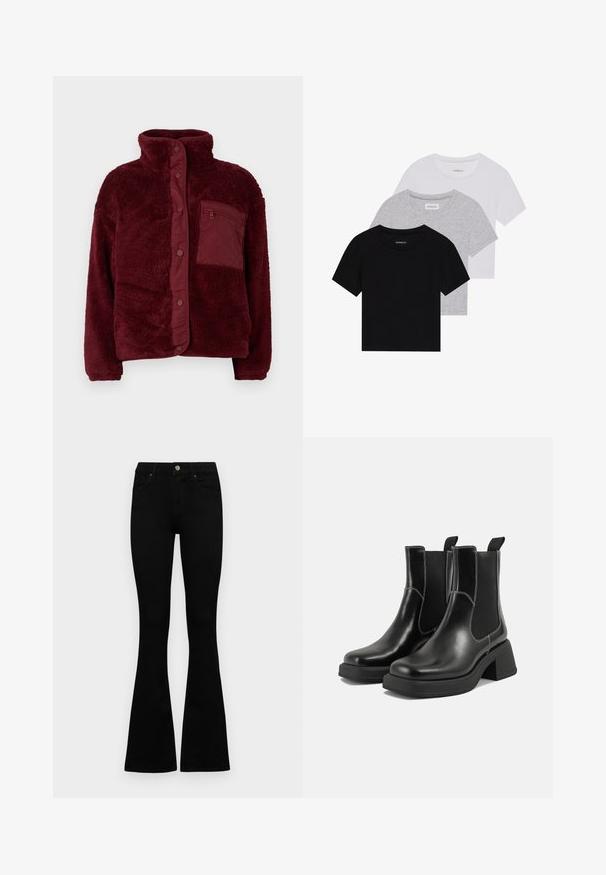 Bordeaux fleece jack met een hoge kraag, drukknoopsluiting en een gestructureerde stof. Beschikt over een ritszak op de borst aan de linkerkant.; Set van drie korte mouwen t-shirts in zwart, grijs en wit. Gemaakt van katoen, met een ronde hals en een eenvoudig, effen kleurontwerp.; Zwarte hoge taille jeans met een knoop- en ritssluiting, voorzakken en een flared pijp, plat gelegd op een witte achtergrond.; Zwarte leren Chelsea-boots met een chunky hak, elastische zijpanelen en contrasterende witte stiksels. Gestructureerde afwerking.