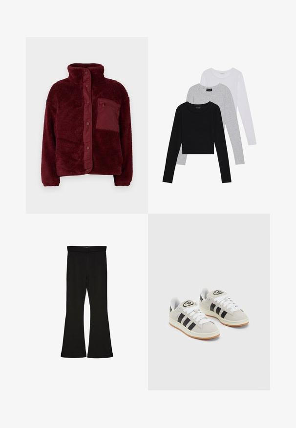 Bordeaux fleecejakke med høj krave, trykknaplukning og struktureret stof. Har en lynlåslomme på venstre side af brystet.; Tre langærmede toppe stablet: sort, grå og hvid. Hver har en rund halsudskæring og et cropped design med glat, let stof.; Sorte flared leggings lavet af strækbart stof. Har en bred talje og en glat tekstur, med en tætsiddende silhuet der bredder sig ved sømmen.; Grå ruskinds sneakers med hvide snørebånd, sorte striber og en hvid gummisål. Har et rundt logo på tungen og en gummisål.