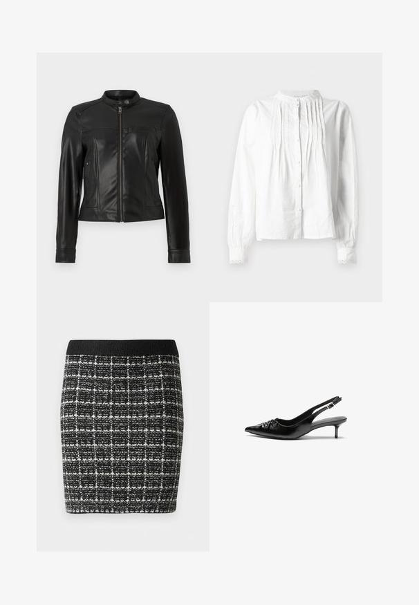 Must tumehalli jakker, millel on püstitatud krae, lukuga kinnitamine, kaks küljetaskut ja struktureeritud õlavarre paneelid. Sile tekstuur, istuv kujundus.; Valge pikkade varrukatega pluus, millel on püsti krae, vertikaalsed voldid ees, nööbiga kinnitamine ja pitsiga ääristatud varrukad.; Mustvalge ruuduline seelik tekstureeritud kangaga, millel on must vöökoht ja istuv siluett.; Musthave nahkased kõrged kontsad, millel on terav varvas, väike kitten-kont ja dekoratiivne sõlm ees. Ühtlane sile tekstuur.