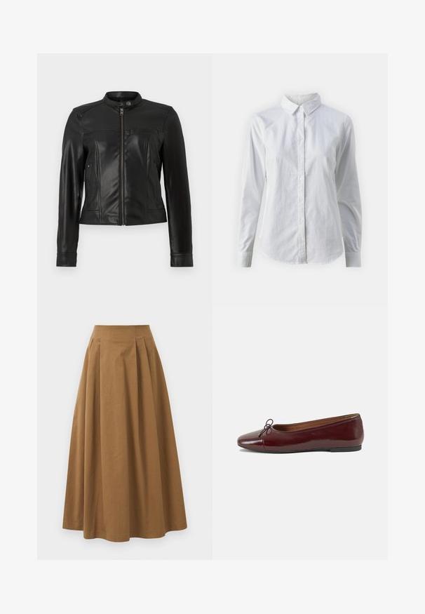 Crna jakna od umjetne kože s stojećim ovratnikom, zatvaranjem na patentni zatvarač, dva bočna džepa i strukturiranim ramenima. Glatka tekstura, prilagođeni oblik.; Bjela košulja na dugih rukava od glatkog pamuka, s klasičnom kragnom i zakrivljenim rubom. Dugmad su mala i bijela.; Smeđa pamučna suknja A kroja s visokim strukom, koja ima nabore sprijeda i glatku teksturu. Završetci donjeg ruba su čisti i jednostavni.; Burgundska lakirana balerinka s zaobljenim vrhom, malim mašnom sprijeda i niskom, crnom gumenom potplatu. Glatka tekstura.