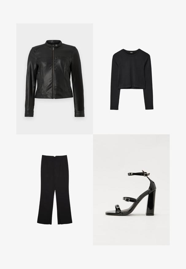 Čierna umelá kožená bunda s vystuženým golierom, zipsom, dvoma bočnými vreckami a štruktúrovanými ramennými panelmi. Hladká textúra, priliehavý strih.; Čierny dlhý rukáv skrátený top s okrúhlym výstrihom, jednofarebný dizajn a mierne zakrivený lem.; Čierne nohavice so strihom rovného strihu, s prednými vreckami a bočnými rozparkami na leme. Vyrobené z mäkkej, hladkej tkaniny. Vhodné na rôzne príležitosti.; Čierne lakované sandále na vysokom opätku s dvoma prackami, štvorcovou špičkou a hrubým blokovým opätkom, s hladkou, lesklou textúrou.