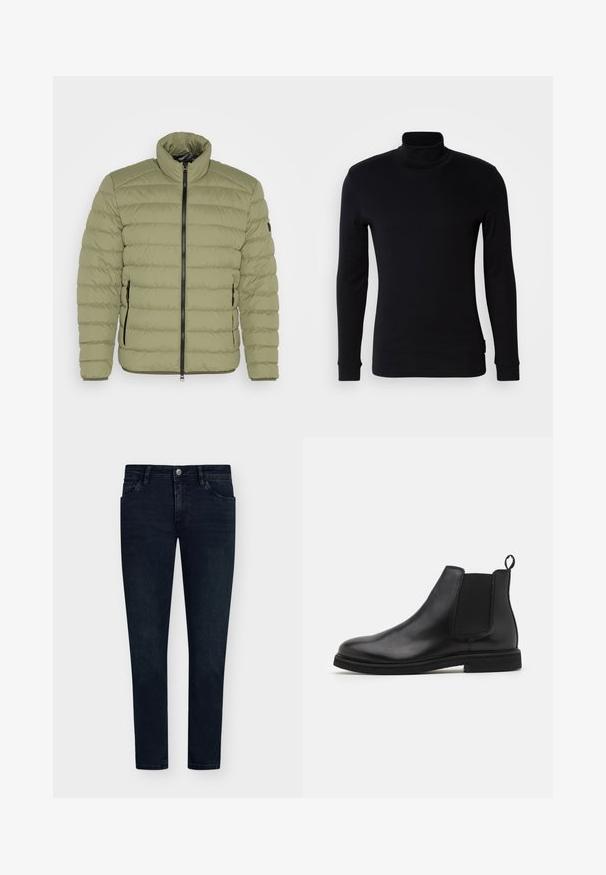 Olijfgroen gewatteerde jas met een hoge kraag, horizontale stiksels, een ritssluiting aan de voorkant en twee zijzakken met zwarte accenten. Gladde textuur.; Zwarte langemouw turtleneck shirt gemaakt van zachte stof. Heeft een aansluitend ontwerp met ribbels aan de mouwen en een gladde textuur. Geen patronen of logo's.; Donkerblauwe denim jeans met een slim fit, vijfzakkenontwerp, knoopsluiting en minimale vervaging. Rechte voorkant en smalle beenopeningen.; Zwarte leren Chelsea boots met elastische zijpanelen en een trekband. Ronde neus en platte rubberen zool, met een gladde afwerking.