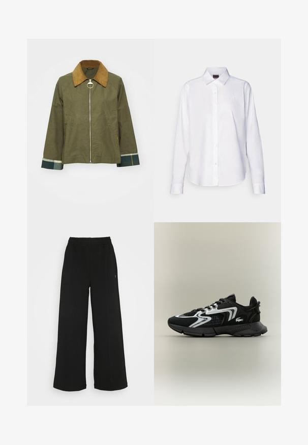 Jachetă khaki cu guler din catifea, fermoar în față și două buzunare laterale. Manșetele au un model prins în tonuri de albastru și verde.; Cămașă albă cu mânecă lungă, cu nasturi, fabricată din bumbac. Prezintă un guler clasic și un broderie subtilă cu marcă pe piept. Textură netedă.; Pantaloni negri cu picioare largi, cu un cordon elastic la talie. Realizați dintr-un material moale și ușor. Prezintă cusături verticale pe față.; Pantofi sport negri cu panouri din plasă, accente argintii și suprapuneri texturate negre. Prezintă șireturi și o talpă curbată, robustă.