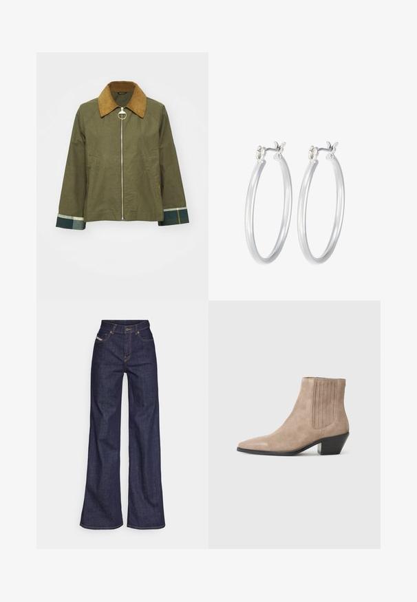 Khaki jacket with a corduroy collar, zip front, and two side pockets. Cuffs feature a plaid pattern in blue and green tones.; Long-sleeve top in green fabric featuring a floral and paisley pattern in shades of orange and brown. Crew neckline, fitted design.; Dark blue wide-leg jeans in denim fabric with a high waist, featuring orange stitching, five-pocket design, and a button closure.; Beige suede ankle boot with a pointed toe and molded heel, featuring vertical stitching accents on the sides.; Silver hoop earrings with a smooth, polished finish. Round shape and secure click-top closure. Lightweight design suitable for everyday wear.