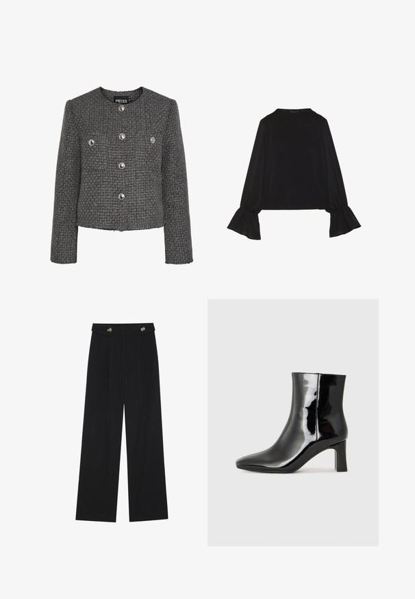 Pieces PCNUA JACKET - Light jacket - dark grey; Black long-sleeve top featuring flared cuffs, soft texture, and a relaxed fit, with a simple round neckline.; Black wide-leg trousers with high waist, button details on waistband, and front pleats.; Black patent leather ankle boot with a pointed toe and a mid-height block heel. Smooth texture and minimalist design.