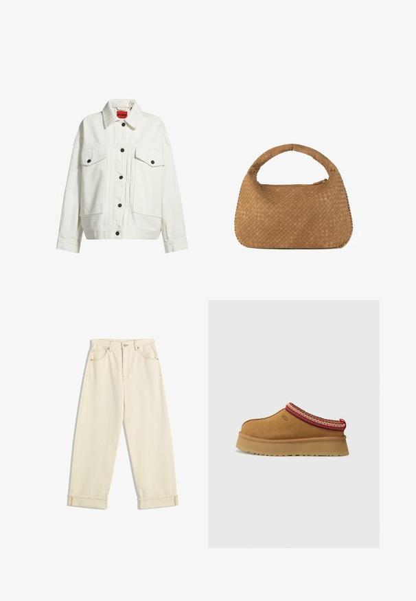 Valkoinen denimpusero, jossa on kauluskolla, kaksi etutaskua, mustat napit ja hieman ylisuuria hihoja. Sisältää punaisen brändilaput.; Valkoinen toppi, joka on valmistettu puuvillasta, sisältää yksinkertaisen muotoilun pyöreällä kaula-aukolle ja mustan "HUGO"-logon keskellä. Sileä pinta.; Kermanväriset farkut, joissa on rento leikkaus, käärityt lahkeet, erottuva oranssi ommel sekä etu- ja takataskut.; Ruskosuede-lenkkari, jossa on punavalkoinen kuvioitu reunus, teksturoidun pohjan ja UGG-logo sivussa. Sisältää kevyen korotuksen.; Kangaskuvioinen vaalea käsilaukku, jossa on pyöreä kahva, valmistettu pehmeästä nahasta. Varustettu vetoketjulla ja monimutkaisella koriruudukkokuvioinnilla.