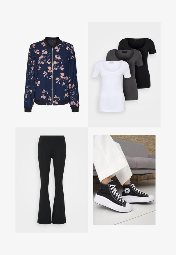 Giacca bomber floreale con sfondo blu navy, caratterizzata da motivi floreali rosa, chiusura con zip, e polsini e orlo a costine. Tessuto morbido.; Tre T-shirt aderenti in bianco, grigio e nero. Ognuna presenta un ampio scollo a barca e maniche corte. Realizzate in un tessuto morbido e elastico.; Pantaloni neri a zampa d'elefante realizzati in tessuto elasticizzato, con una vita alta e una superficie liscia. I pantaloni si allargano a partire dal ginocchio.; Sneaker alte nere in tela con suole e lacci bianchi. Presentano un logo circolare sul lato e cuciture bianche a contrasto.