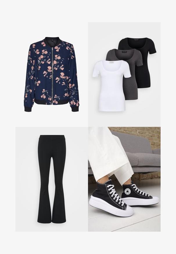 Chaqueta bomber floral con un fondo marino, que presenta patrones florales en tonos rosas, cierre de cremallera en la parte delantera y puños y dobladillo de canalé. Tejido suave.; Tres camisetas ajustadas en blanco, gris y negro. Cada una cuenta con un escote amplio y mangas cortas. Están hechas de una tela suave y elástica.; Pantalones negros de campana hechos de una tela elástica, con una cintura alta y una textura suave. Los pantalones se ensanchan desde la rodilla.; Zapatillas altas negras con suelas de goma blancas y cordones blancos. Presentan un parche redondo con logo y costuras blancas contrastantes. Material de lona.