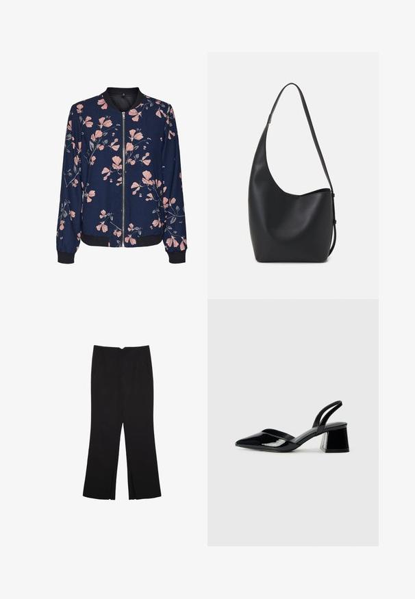 Blommig bomberjacka med en marin bakgrund, prydd med rosa blommönster, dragkedja fram, samt ribbade muddar och nederkant. Mjuk tyg.; Svart bomullströja med korta ärmar, med en liten rosa fjärilsgrafik på vänster bröst. Rundad halsdesign med en avslappnad passform.; Svarta byxor med rak passform, utrustade med framfickor och sidoklyvningar vid fållen. Tillverkade av mjukt, slätt tyg. Lämpliga för olika tillfällen.; Svarta lackläder slingback klackar med spetsig tå och geometrisk klack. Har en elegant, minimalistisk design och slät yta.; Svart läder hobo-väska med en slät textur, kurvig form och en justerbar axelrem; har en bred öppning upptill.