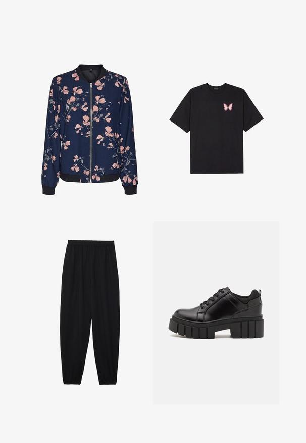 Veste bomber florale avec un fond bleu marine, ornée de motifs floraux roses, avec fermeture éclair à l'avant et poignets et ourlet côtelés. Tissu doux.; T-shirt en coton noir à manches courtes, avec un petit graphique de papillon rose sur la poitrine gauche. Modèle à col rond avec une coupe décontractée.; Pantalons noirs légers avec une taille élastique et des chevilles froncées. Le tissu est lisse et présente un design décontracté et fuselé.; Chaussures à plateforme en cuir noir avec un talon bloc épais, bout rond et un design traditionnel à lacets. Elles présentent une texture lisse et un détail minimal.