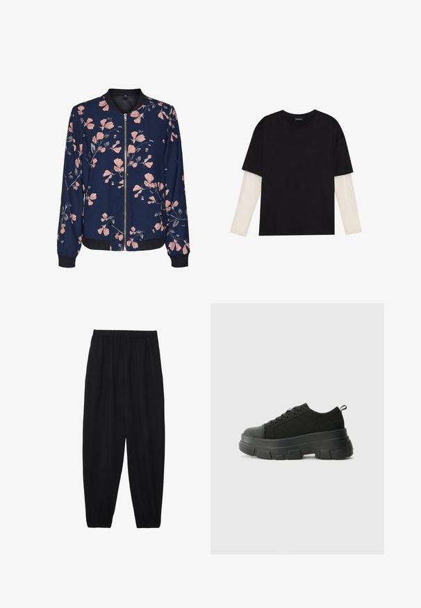 Floral bomber jacket with a navy background, featuring pink floral patterns, a zip front, and ribbed cuffs and hem. Soft fabric.; Black T-shirt made of cotton, featuring short sleeves over a white long-sleeve layer with a subtle textured pattern. Crew neckline design.; Black, lightweight pants with an elastic waistband and gathered ankles. The fabric is smooth and features a relaxed, tapered design.; Black sneakers with a chunky rubber sole, textured fabric upper, round toe, and lace-up design. Features reinforced eyelets and back pull tab.