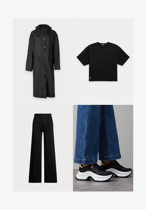 Lungo impermeabile nero con cappuccio, dotato di chiusure a bottone a pressione, due tasche frontali e una texture liscia. Design casual con maniche lunghe.; Maglietta nera in cotone a maniche corte, colletto rotondo e un piccolo logo bianco in basso a sinistra. Fit classico e boxy con dettagli minimi.; Pantaloni neri a gamba larga realizzati in tessuto intrecciato, con vita alta, chiusura anteriore con bottone e tasche laterali. Texture liscia con linee pulite.; Sneakers nere e oro con suola bianca curva. Tessuto strutturato con accenti di logo. Abbinati a pantaloni di jeans larghi blu.